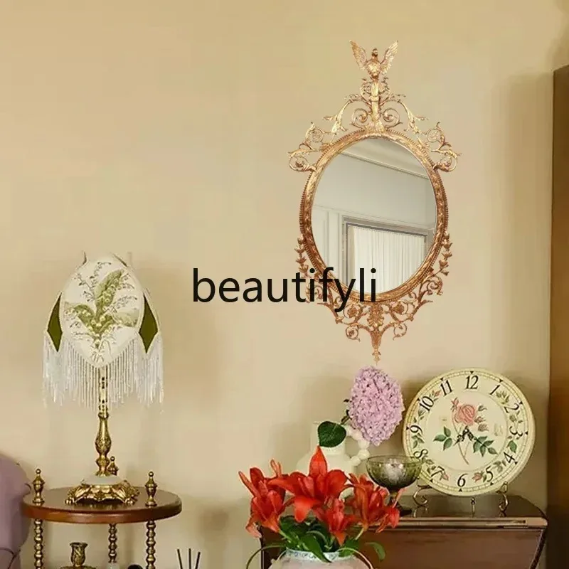 

cn8617 ss French Retro Full Copper Decorative Mirror Oval European Style Living Room Entrance Grand Decorative Mirror