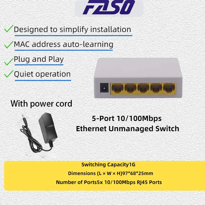 

5 port 10/100Mbps Network Ethernet Switch Plastic shell Supports full duplex/half duplex RJ45 MDI/MDIX Suitable for office home