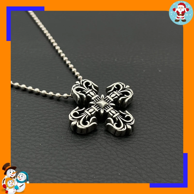 Premium Retro Medium Square Flame Cross Necklace Men's and Women's Hip Hop Cross Flower Pendant Classic Thai Silver
