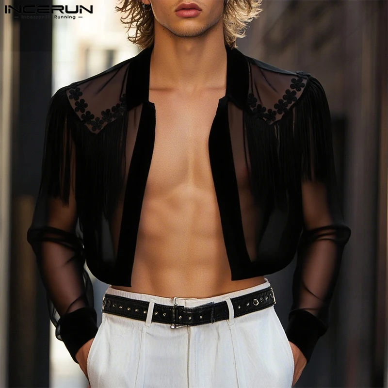 

INCERUN Men Shirt Flower Embroidered Tassel Patchwork See Through Male Cardigan Open Stitch Long Sleeve Streetwear Outerwear Men