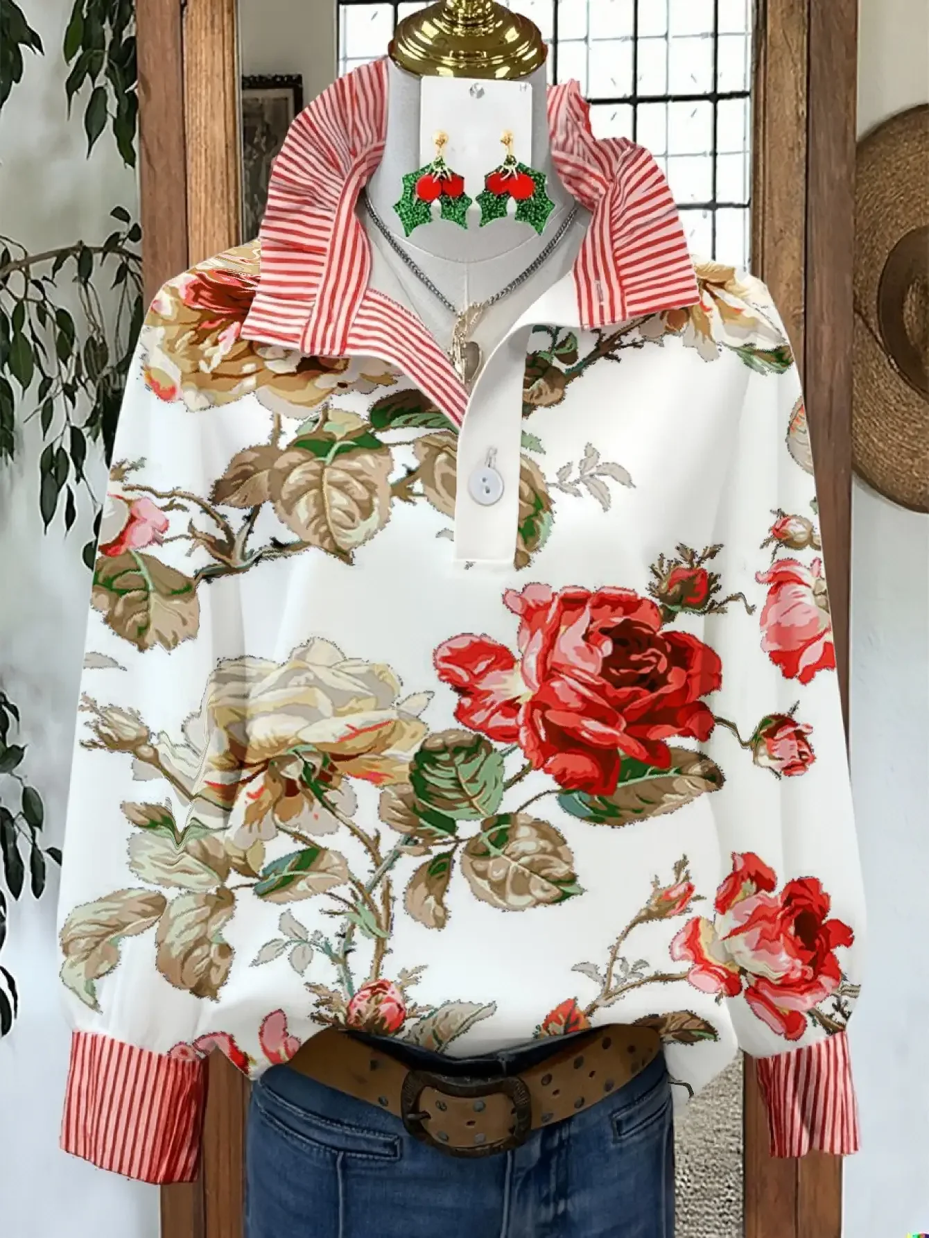 A women's top for spring and autumn winter, women's stand up collar shirt with long sleeves, a must-have for vacation travel, 