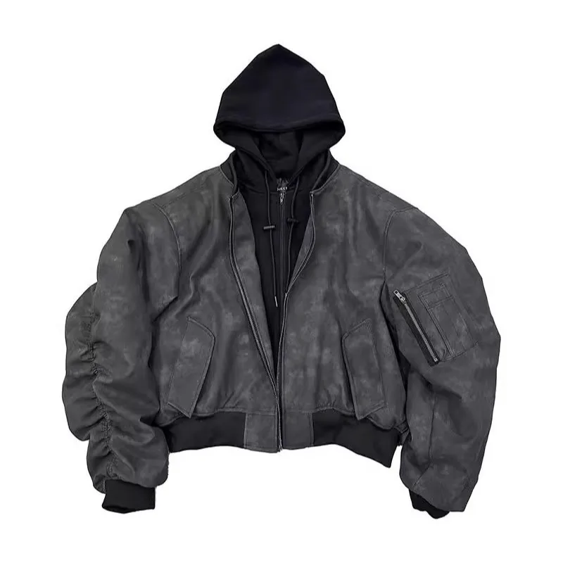 

2026 Spring Autumn Men Bomber Jacket High Street Patchwork Hooded Male Outerwear Loose Long Sleeve Pocket Windproof Man Coat