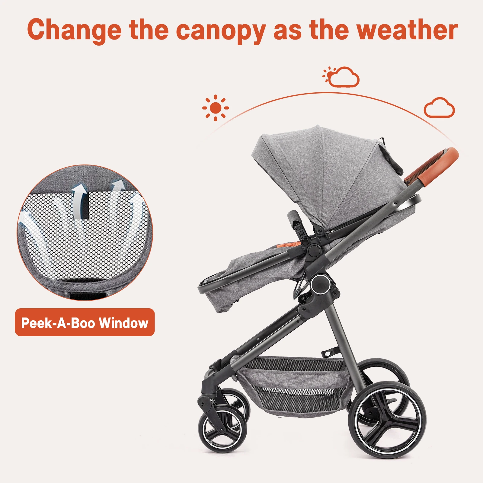 2 in 1 High Landscape Convertible Baby Stroller, Foldable Pushchair, Newborn Reversible Bassinet Pram with Adjustable Canopy