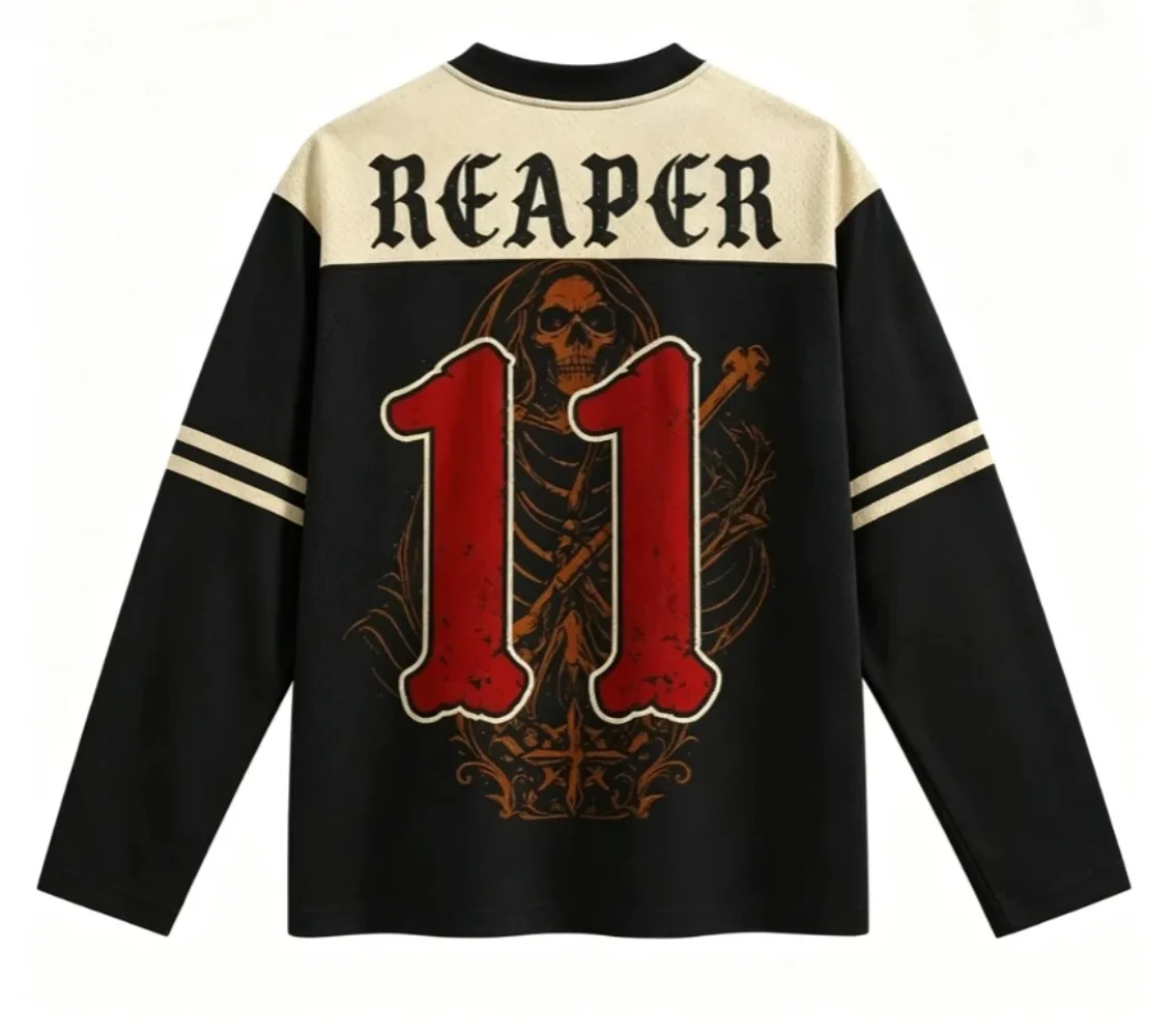 Spring-Autumn New Gothic Style Grim Reaper 3D Printed Long-Sleeved V-Neck T-Shirt Fashion Casual Sports Quick-Dry Breathable Top