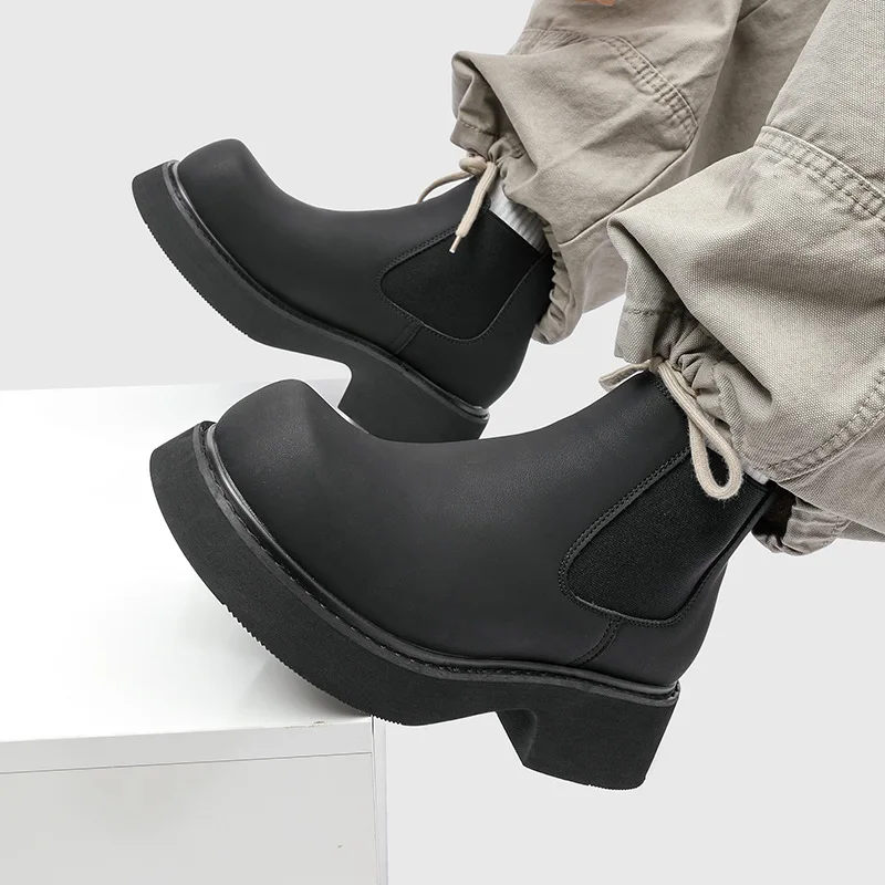 big size mens casual business office chelsea boots slip-on original leather shoes cowboy platform boot black matte ankle botas