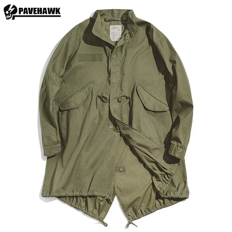 Men\'s Vintage M51 Fishtail Jacket Mid-length Army Green Autumn Trench Coat Woven Waist Rope Cotton Tactical Loose Military Coat