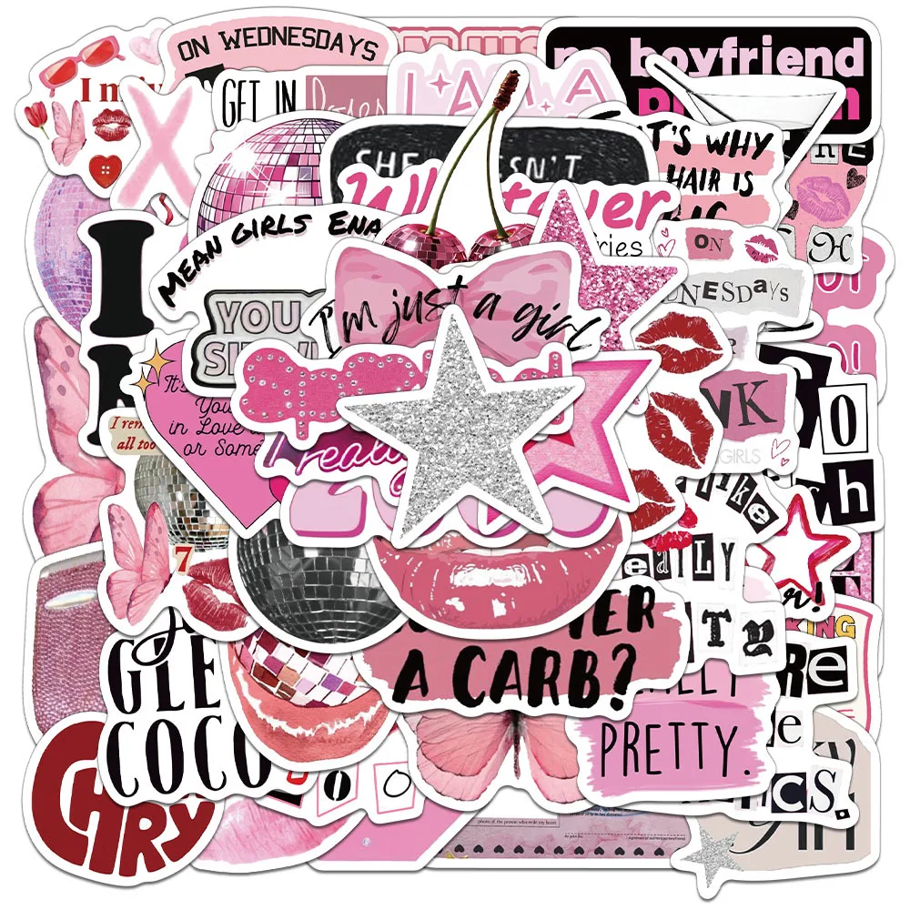 50Pcs Pink Ins Y2k Stickers Y2K Girls DIY Stickers Scrapbooking Phone Luggage Skateboard Waterproof Decals