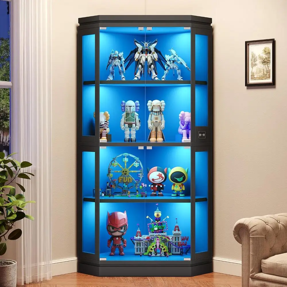 67 Tall 4-Tier Glass Display Cabinet with RGB Lights and Motion Sensor for Living/Gaming Rooms, Black