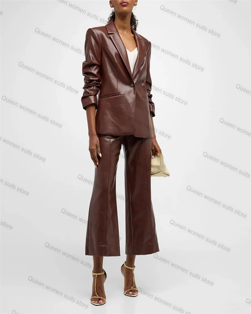 

Wedding Women Suit Set 2 Pieces Blazer+Pants Pu Leather Jacket Coat Outfit+Flare Trousers Formal Custom Made