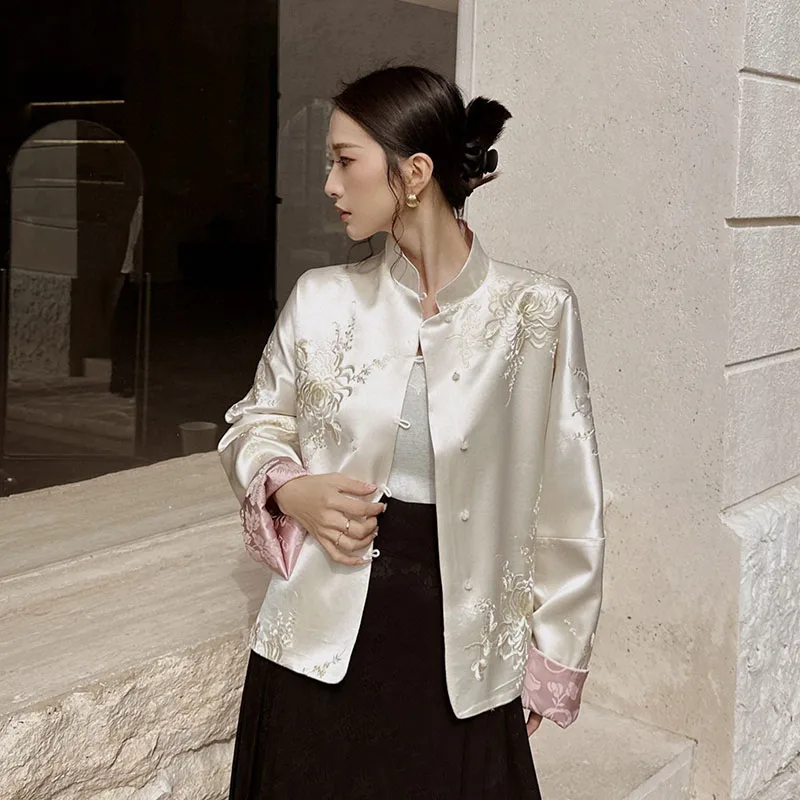 

Женская куртка, осенняя атласная куртка с вышивкой и воротником-стойкой, пальто с китайской пряжкой, роскошная верхняя одежда в национальном стиле в стиле ретро, топ с длинными рукавами