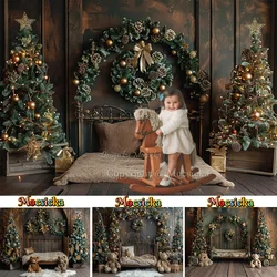 Mocsicka Christmas Photography Background Baby Show Brown Headboard Backdrop Green Xmas Tree Garland Toy Bear Photo Studio Booth