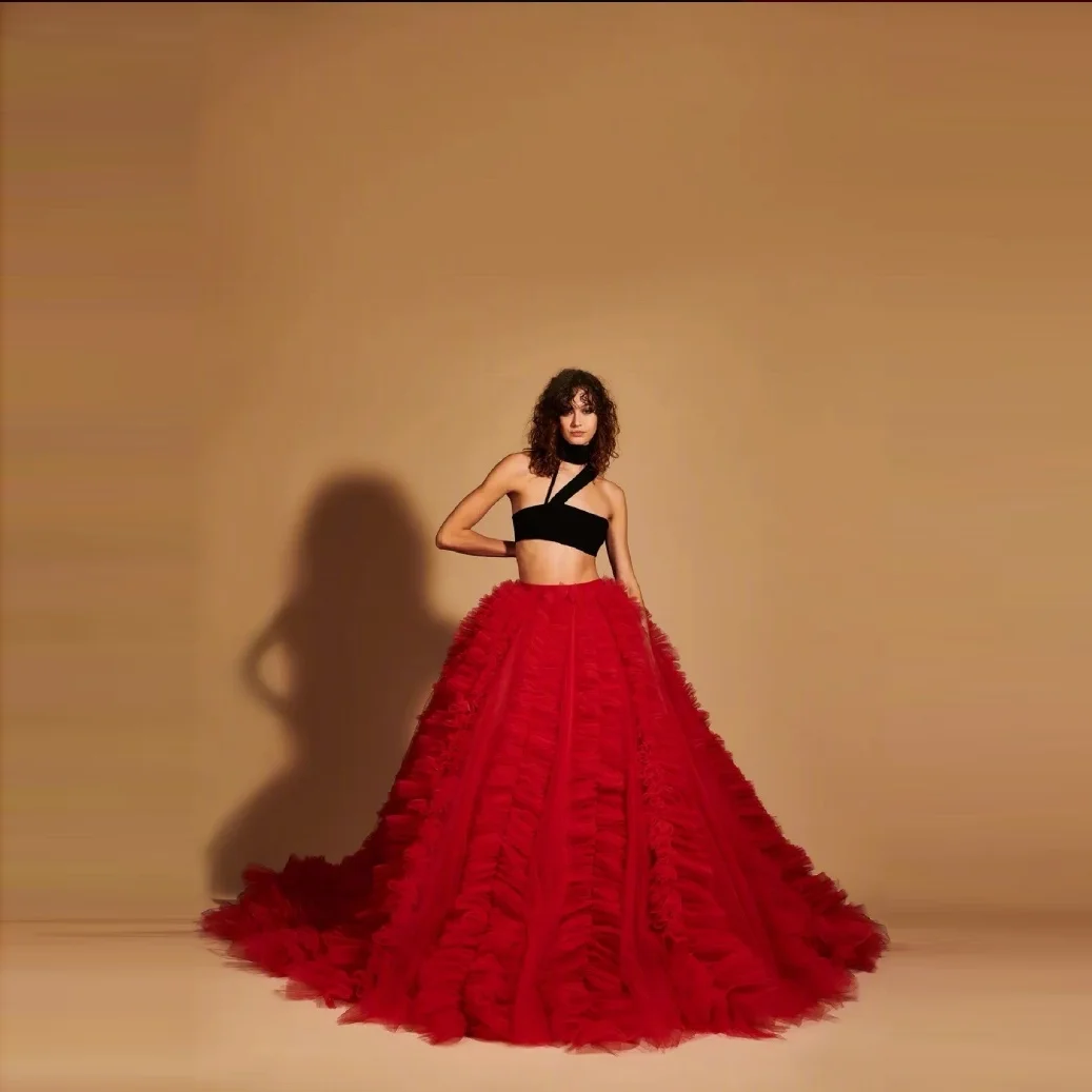 

Dark Red Women Skirt Tulle Layered Lush saia Ruffle Skirts Women Ball Gown Elastic Waistband