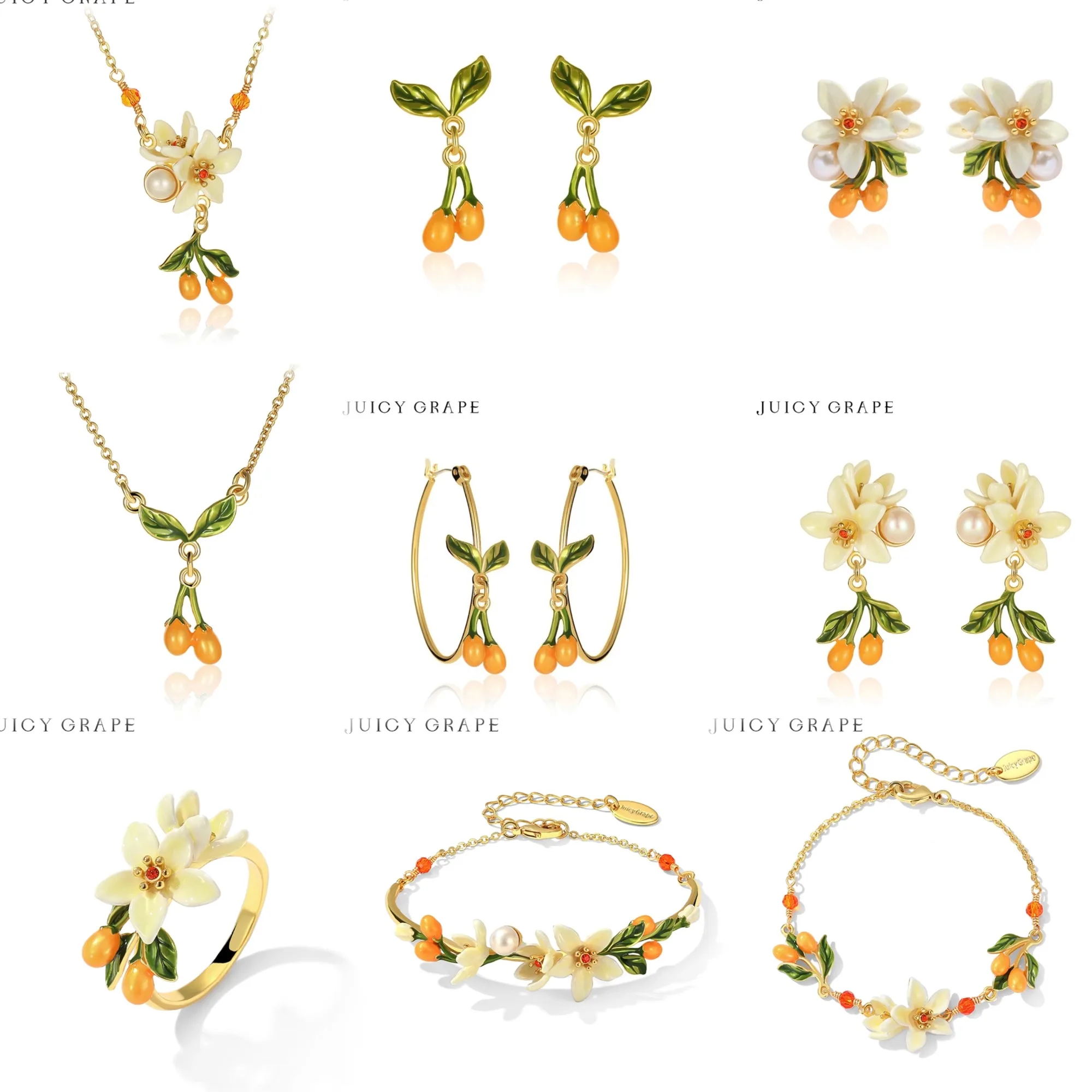 

Enamel White Orange Blossom Kumquat Bracelet Necklace Earrings Ring Versatile Everyday Jewelry Set 18K Gold Gift