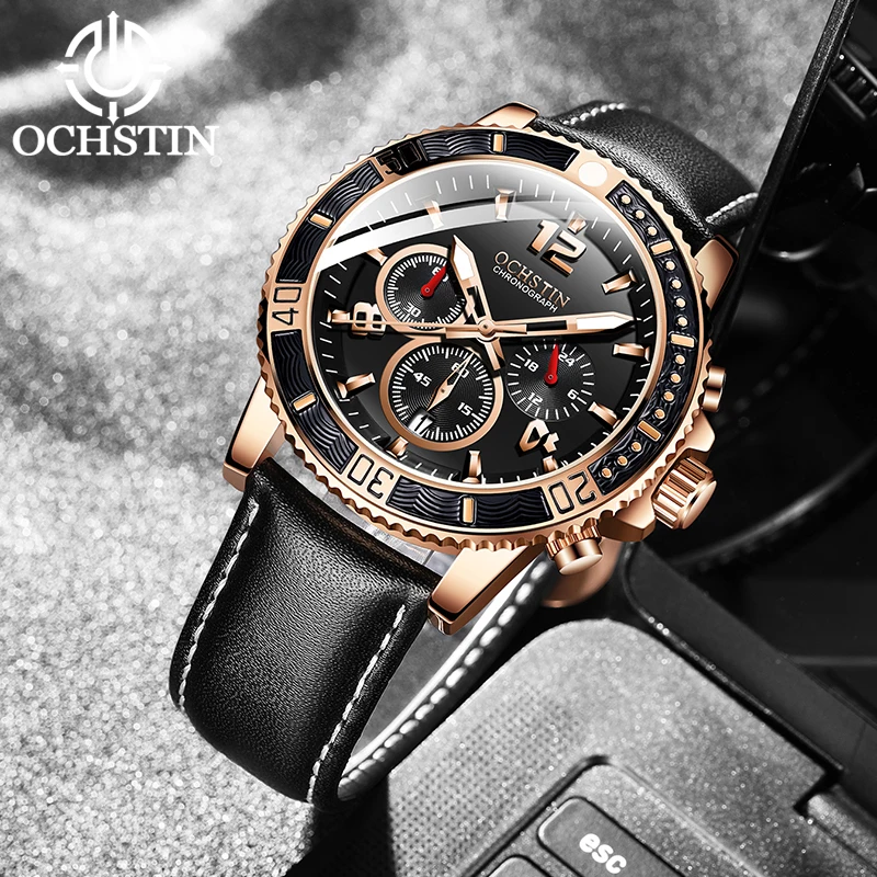 OCHSTIN New Watch Casual Three Eyes Pilot Series Multi Functional Quartz Movement Clock Men's Quartz Waterproof Wirstwatch