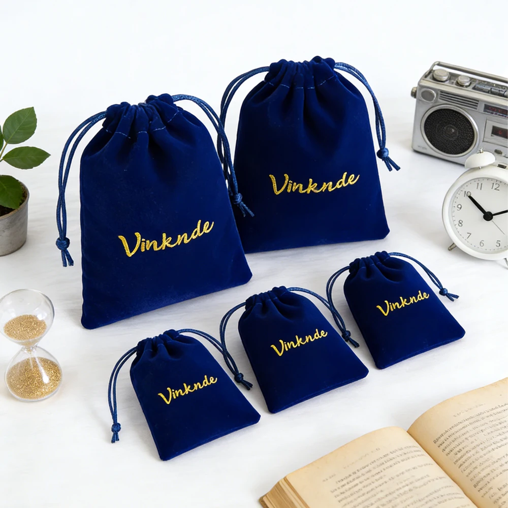 

100pcs Navy Velvet Drawstring Bag Custom Logo 10x15m Thick Plush Velvet Storage Pouch Jewelry Rings Dice Gift Wedding Favor Bags