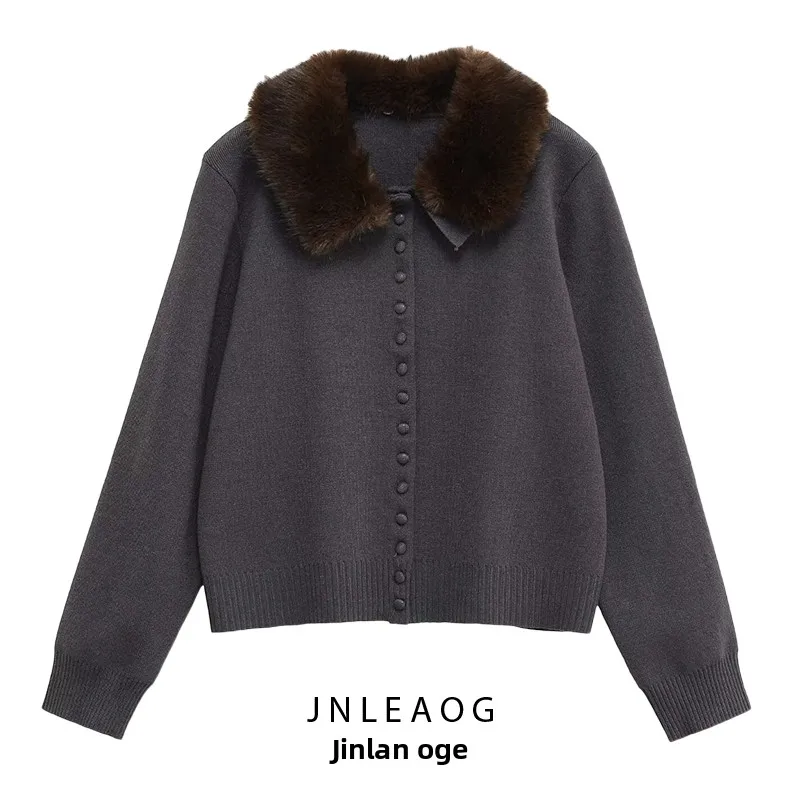 

JNLEAOG Faionable Versatile Design Artificial Fur Collar Knitted Sweater Coat Women's Loose Fit Casual Sle Polyester Fiber
