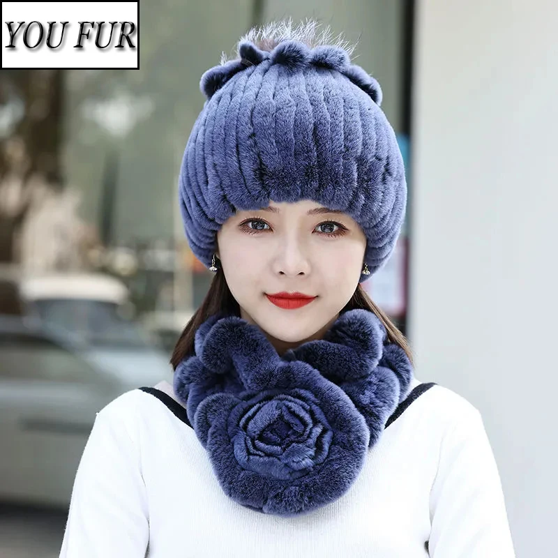 

New Fashion Women Winter Real Rex Rabbit Fur Hat Scarf Natural Soft Rex Rabbit Fur Cap Scarves Sets For Lady Outdoor Keep Warm