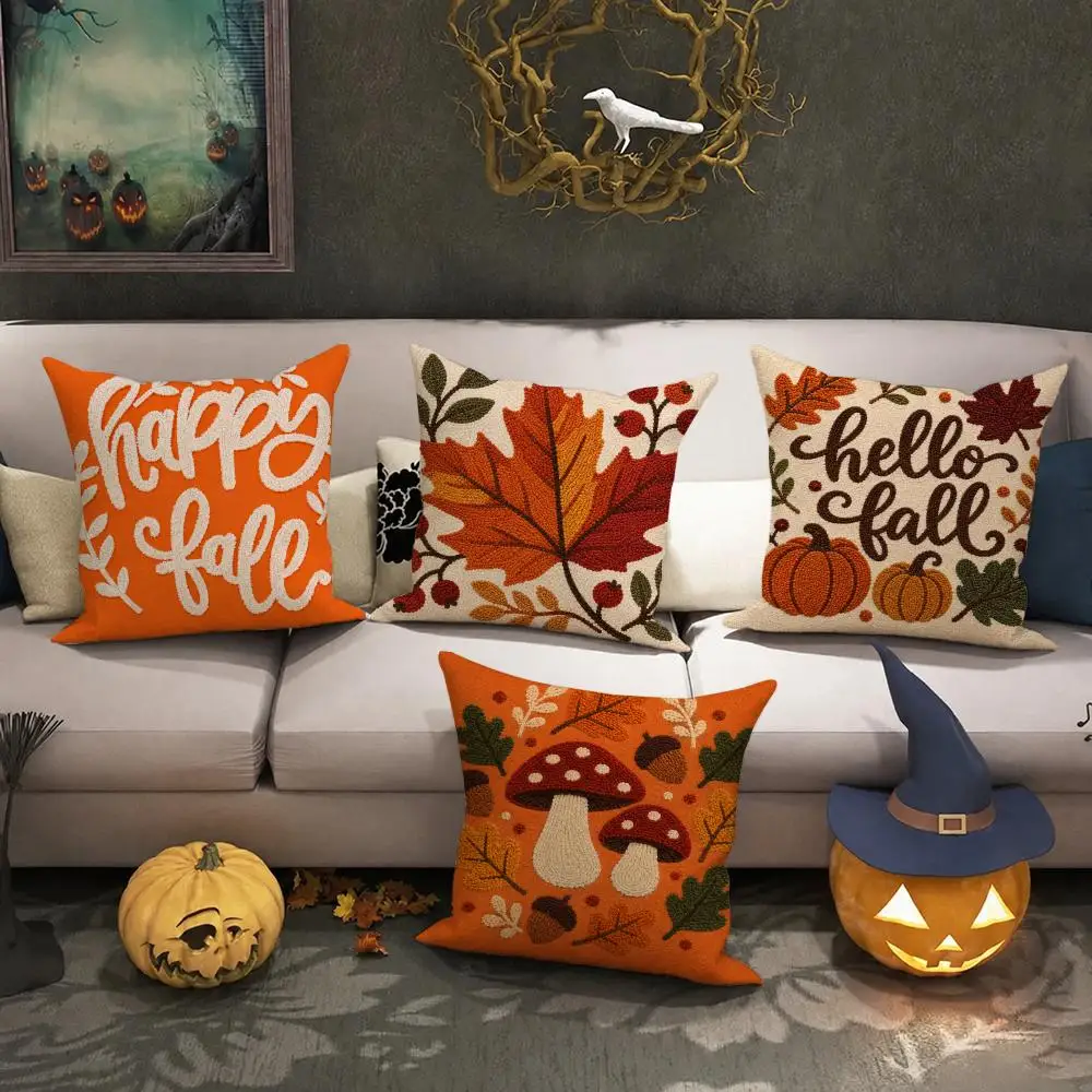 Pumpkin Halloween Gift Cushion Cover Halloween Rustic Throw Pillow Covers, Cute Ghost Pumpkin Maple Leaf Cushion Covers