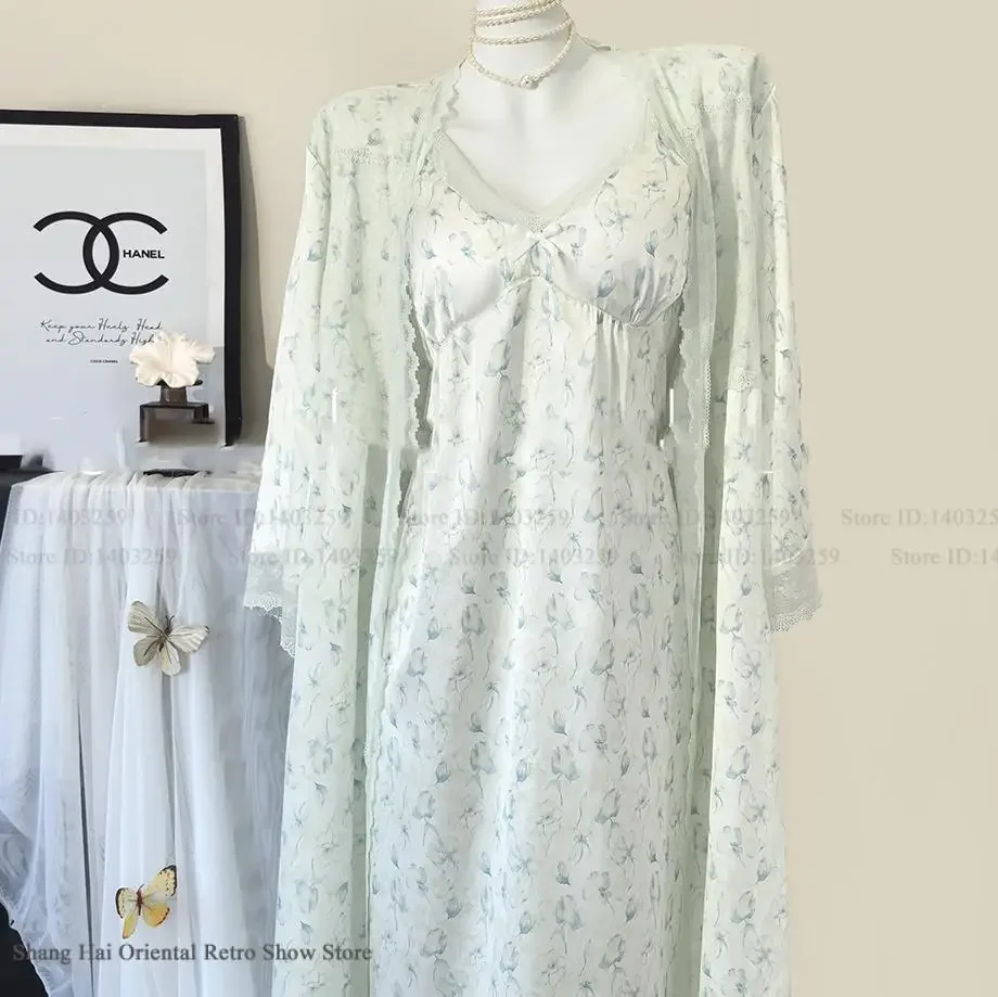 

Elegant Print Flower Long Robe Set Spring Autumn Kimono Gown Bathrobe Home Dress Sexy Lace Nightgown Lingerie Rayon Sleepwear