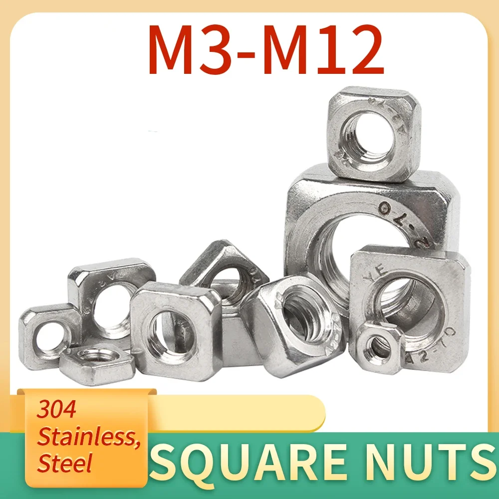 1/5/10/20/30/40/50Pcs M3 M4 M5 M6 M8 M10 M12 Square Nuts A2-70 Stainless Steel DIN557