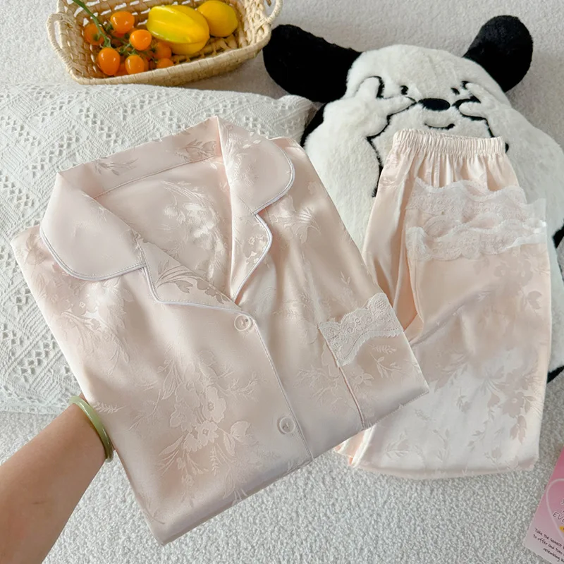 Summer New Ladies Ice Silk Pajamas Women's New Chinese Short-Sleeved Long Pants Green Bamboo Jacquard Senior Sense of Homewear