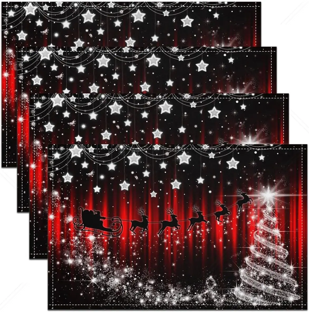 Christmas Placemats 12x18 Inch Set of 4 Cartoon Santa Elk Glitter Xmas Tree Place Mats for Kids Teens Adults Red Black Stripes