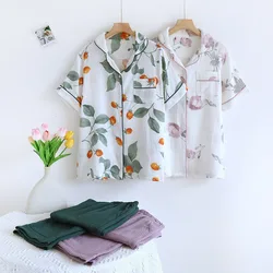 2024 Japanese Summer New Women's Pajama Set Short Sleeve+Long Pants Two piece Set 100%Cotton Thin Cardigan Home Furnishing Fresh