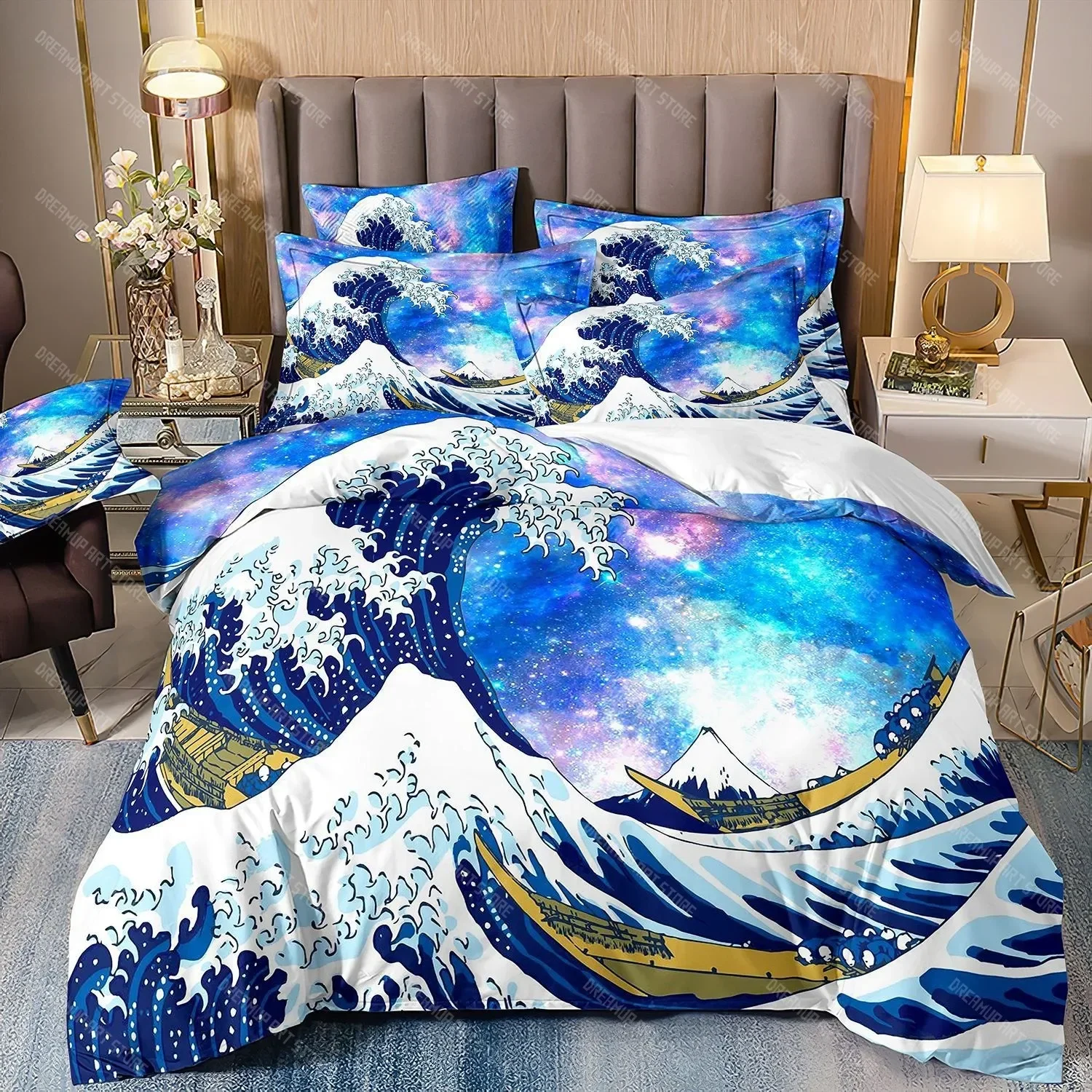2026 Ukiyo-e Theme Wave Bedding Set Mountain Exotic Style Duvet Cover Set Twin Queen Size Japanese-Style Duvet Cover