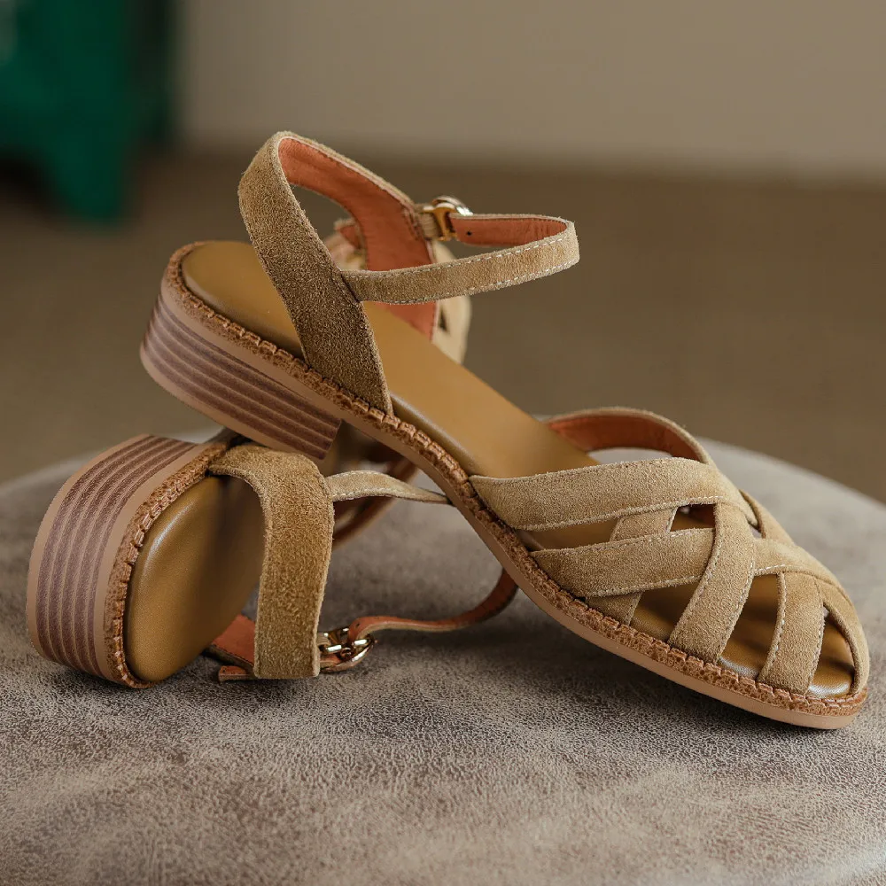 Women\'s natural suede leather round toe narrow band cross strap Braided cage Roman style flats sandals casual female daily shoes