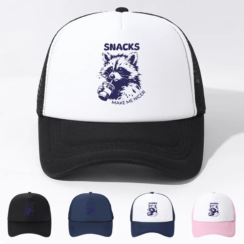 Raccoon Snacks Print Trucker Hat Color-Block Breathable Baseball Cap for Outdoor Sports Camping