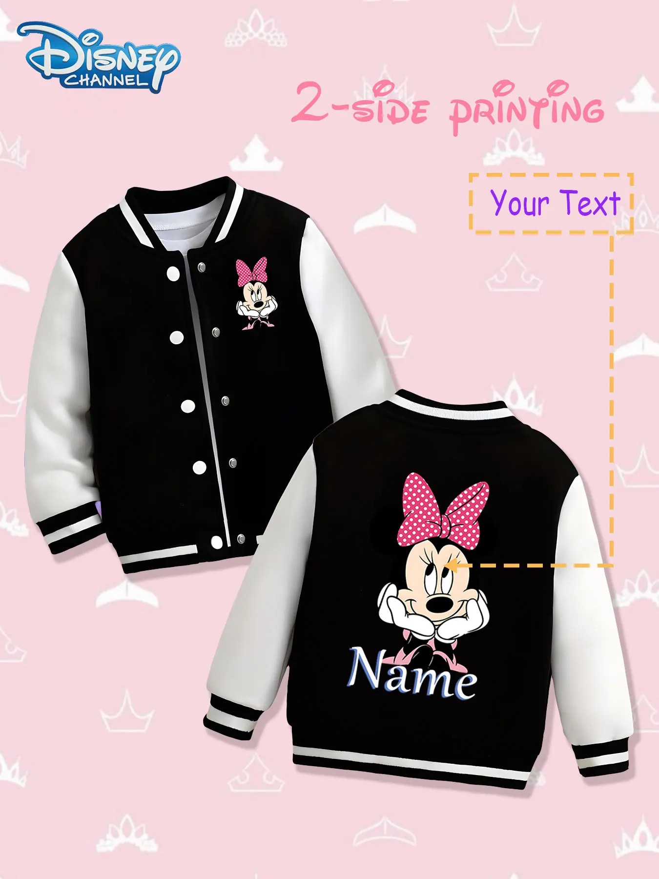 

MINISO Disney Classic Minnie Girls Baseball Jacket - Double-sided cute print, warm and classic in autumn and winter, suitable fo
