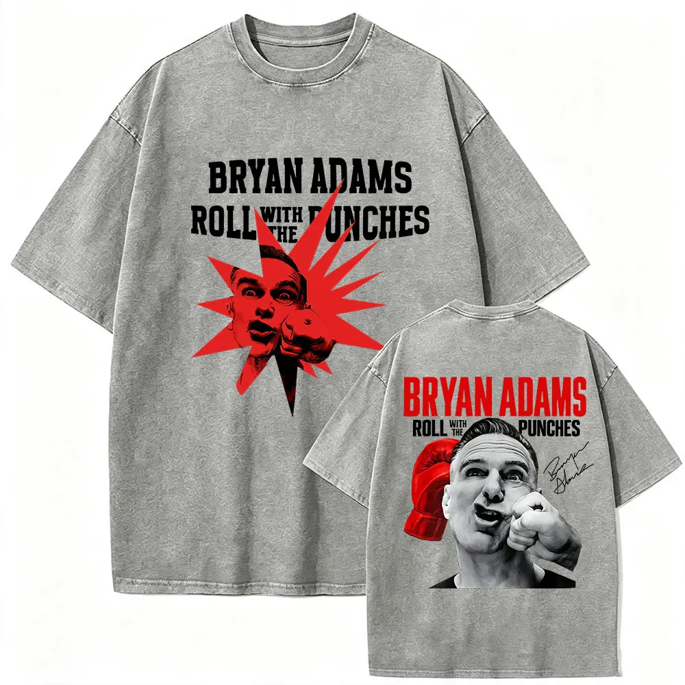 Bryan Adams Band Roll with The Punches Tour 2027 Vintage Washed T Shirt Men's Hip Hop Rock Punk Short Sleeve T-shirt Streetwear