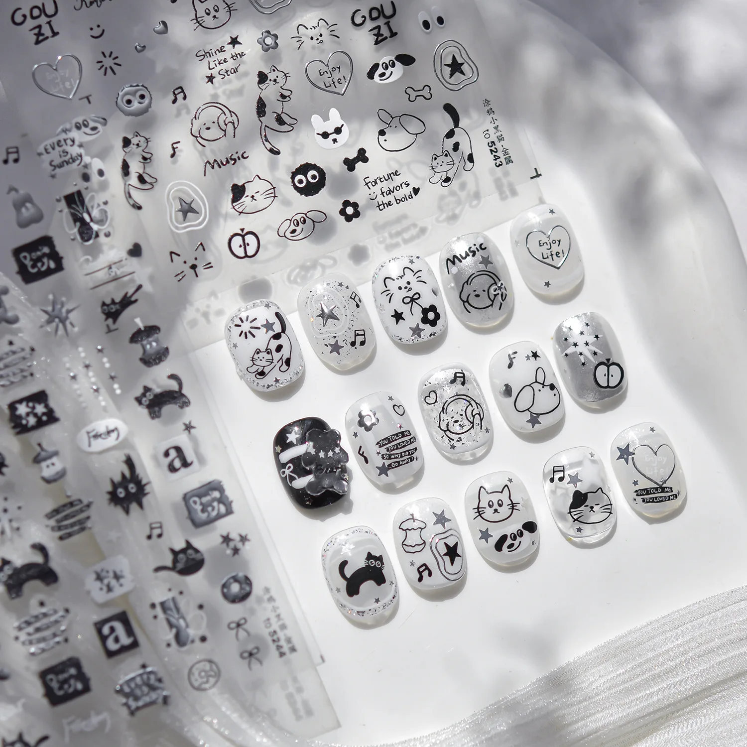 Anime Nail Stickers Metal 5D Nail Stickers With Cats Cute Graffiti Little Black Cat Stickers Nail Art Decoration Accessories DIY