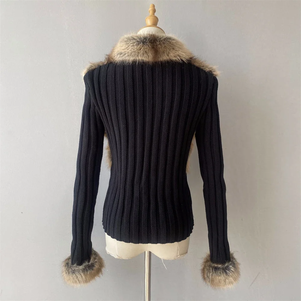2025Fall Winter New  Women's Spliced Fake Fox Plush Knitted Cardigan Fashion V-neck Full Sleeves Zipper Sweater Female