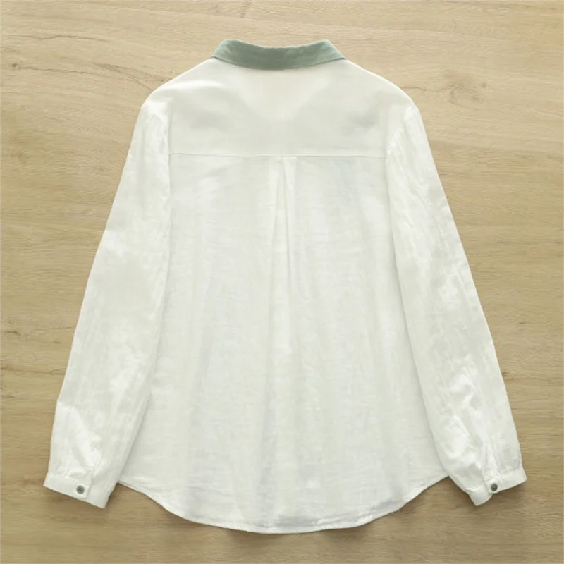 الرجعية قميص Artsy المطرزة بلوزة المرأة القطن قميص طويل الأكمام لينة فضفاضة زر حتى قميص رقيقة الربيع الإناث البلوزات