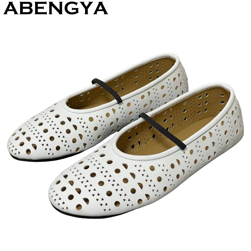 

Black Whtie Real Leather Hollow Flat Shoes Women Ethnic Style Casual Simple Loafers Shoes Breathable Walk Shoes Woman