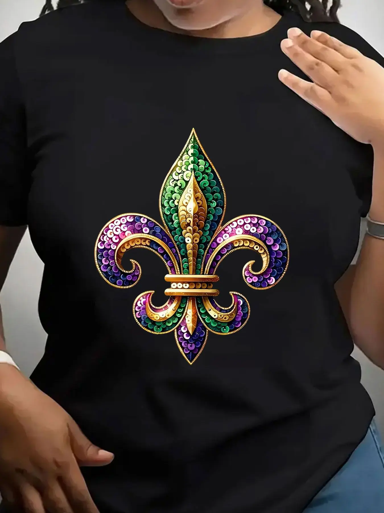 Women's Trendy Crew Neck T-Shirt Colorful Sequin Fleur De Lis Suitable for Casual Sportswear