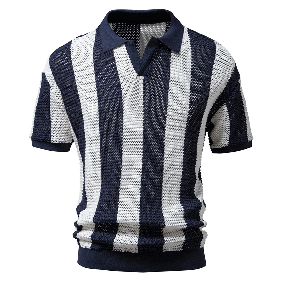 2023 Summer Polo Netshirt Hollow Short Sleeve Fishing Nets Fashion Men's Striped POLO Shirt European Size