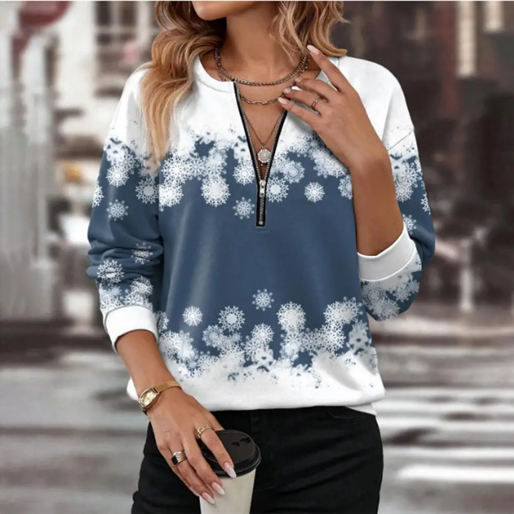 

Fall Winter Christmas Sweatshirt Snowflake Print Round Neck Sweatshirt Gradient Contrast Color Zipper Neck New Year Lady Top