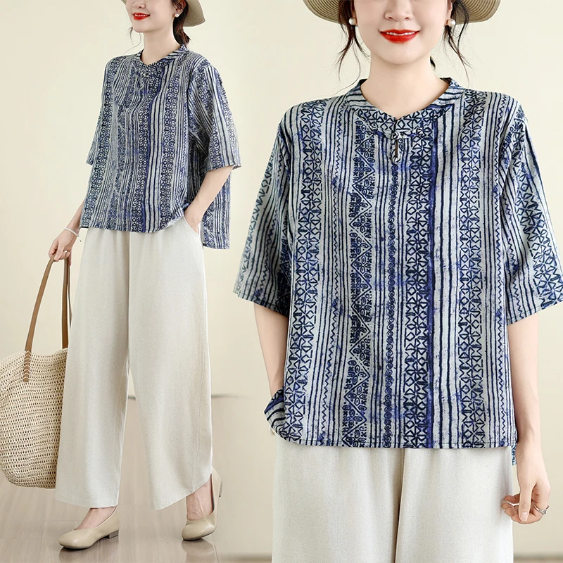 

Korean Style plus Size Women's Summer New Short Sleeve Button up Top Wide Leg Pants Two Piece Set Cotton Linen Suit