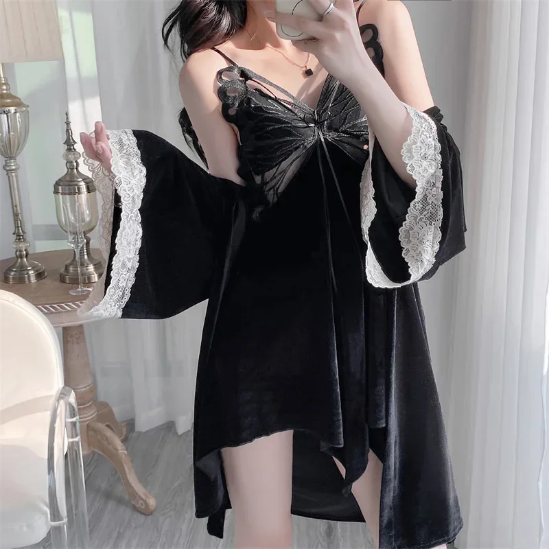 Slimmer Pajamas Bra Pad Women V-neck Butterfly Canary Velvet Spring  Autumn Suspender Two Sets of Nightdress Robe