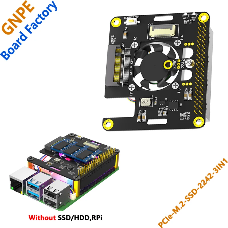 

Raspberry PI 5 PCIE to M.2 NVMe SSD 3-in-1 Expansion board with fan module