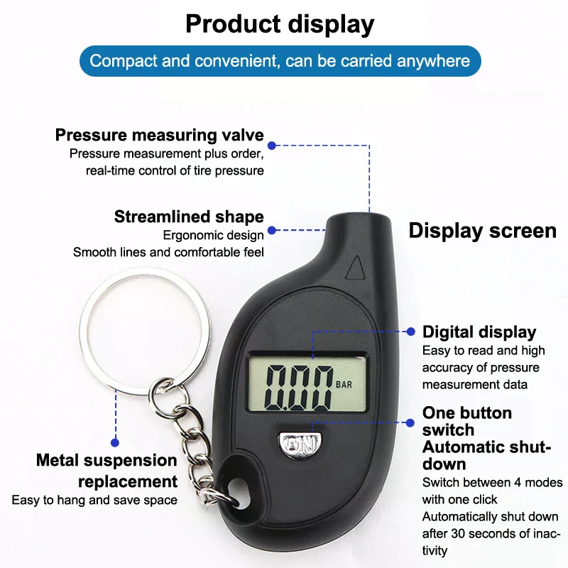 Mini Keychain Style Tire Gauge Digital Lcd Display Car Tire Air Pressure Tester Meter Auto Car Motorcycle Tire Safety Alarm