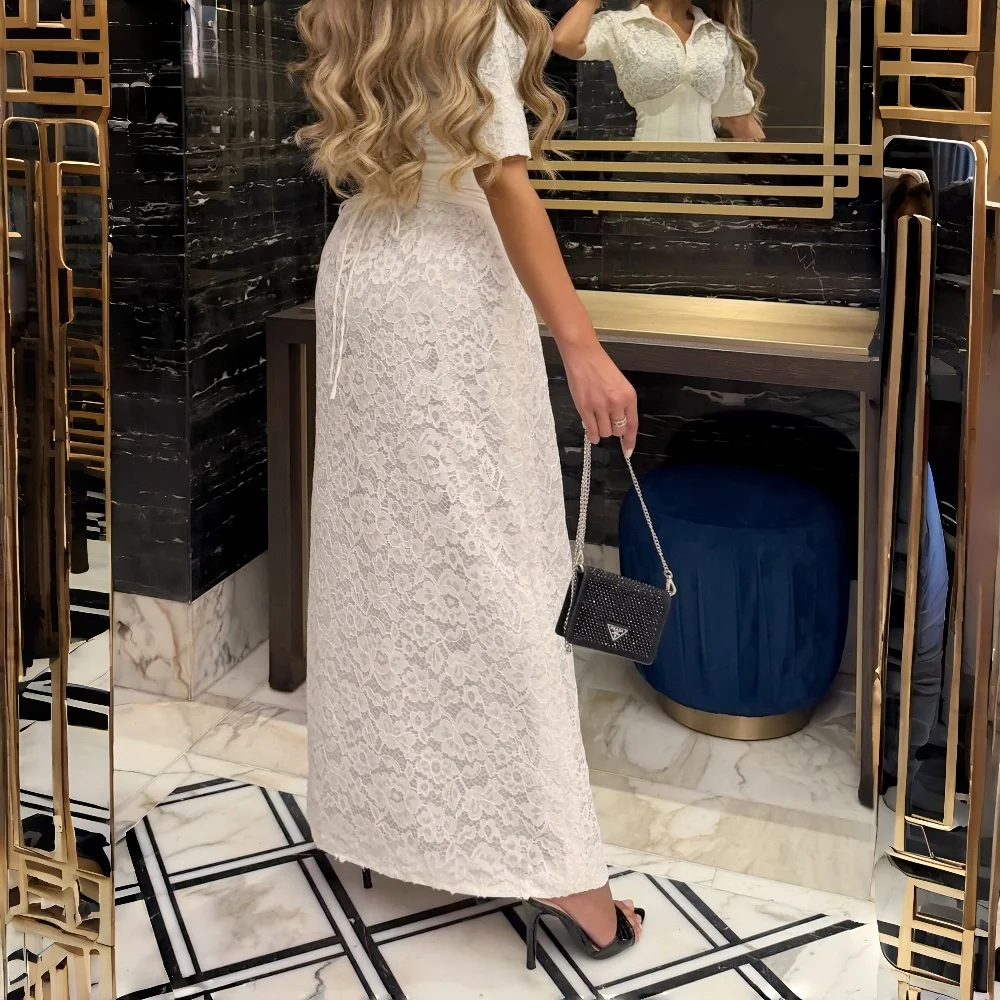 Customized Mermaid Lace Elegant Evening Dresses Turn Down Collar Short Sleeves Corset Waist Floor Length Lace Up Formal Gowns
