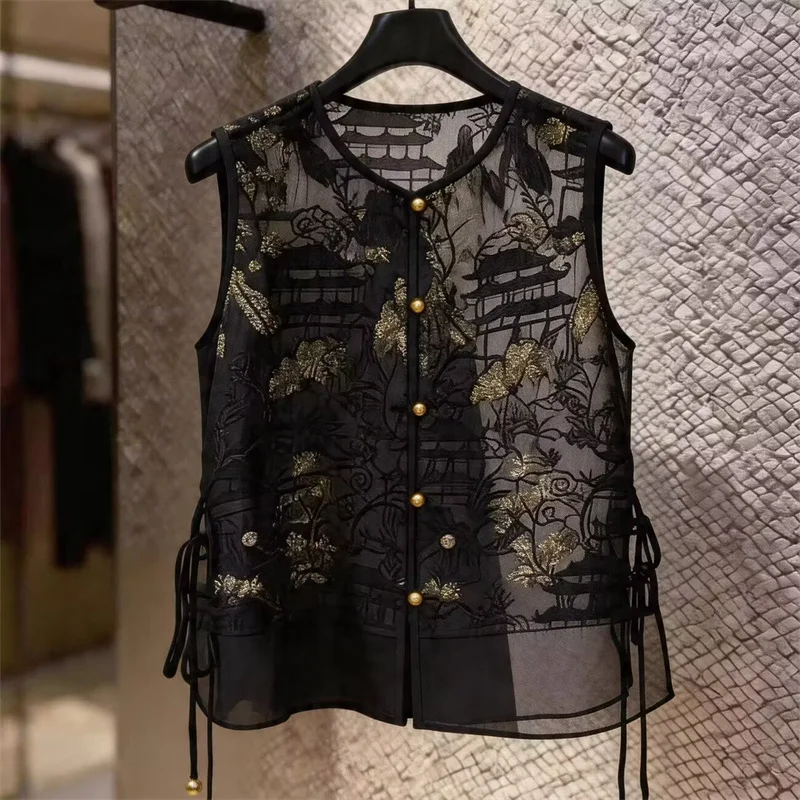 

Women Vest Fashion Spring and Summer Round Collar Sleeveless Waistcoat Loose Embroidery Jacket Joker Women Cardigan Coat Top