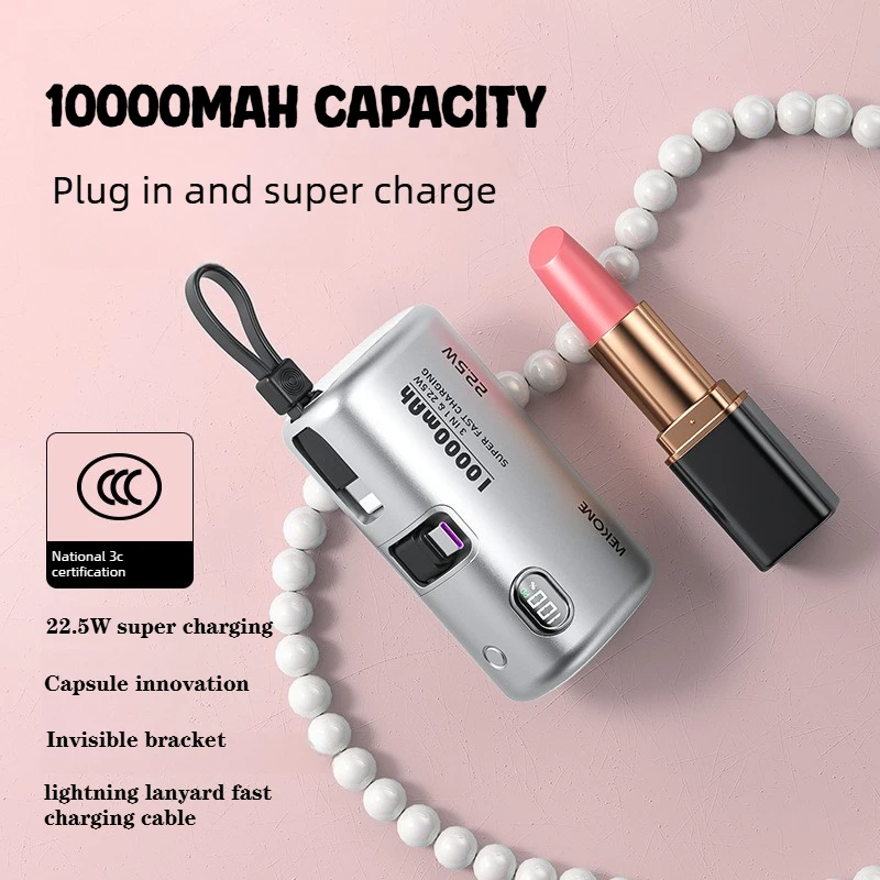 Portable 10000mAh Power Bank PD22.5W Fast Charge Built-in Cable Mini Pocket Charger with Lanyard Stand for IPhone Xiaomi Samsung