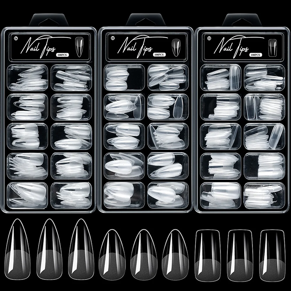 100pcs Clear Almond Fake Nail Tips Coffin Press on Nails Half-frosted Soft Gel False Nails Full Cover Artificial Extension Tips#