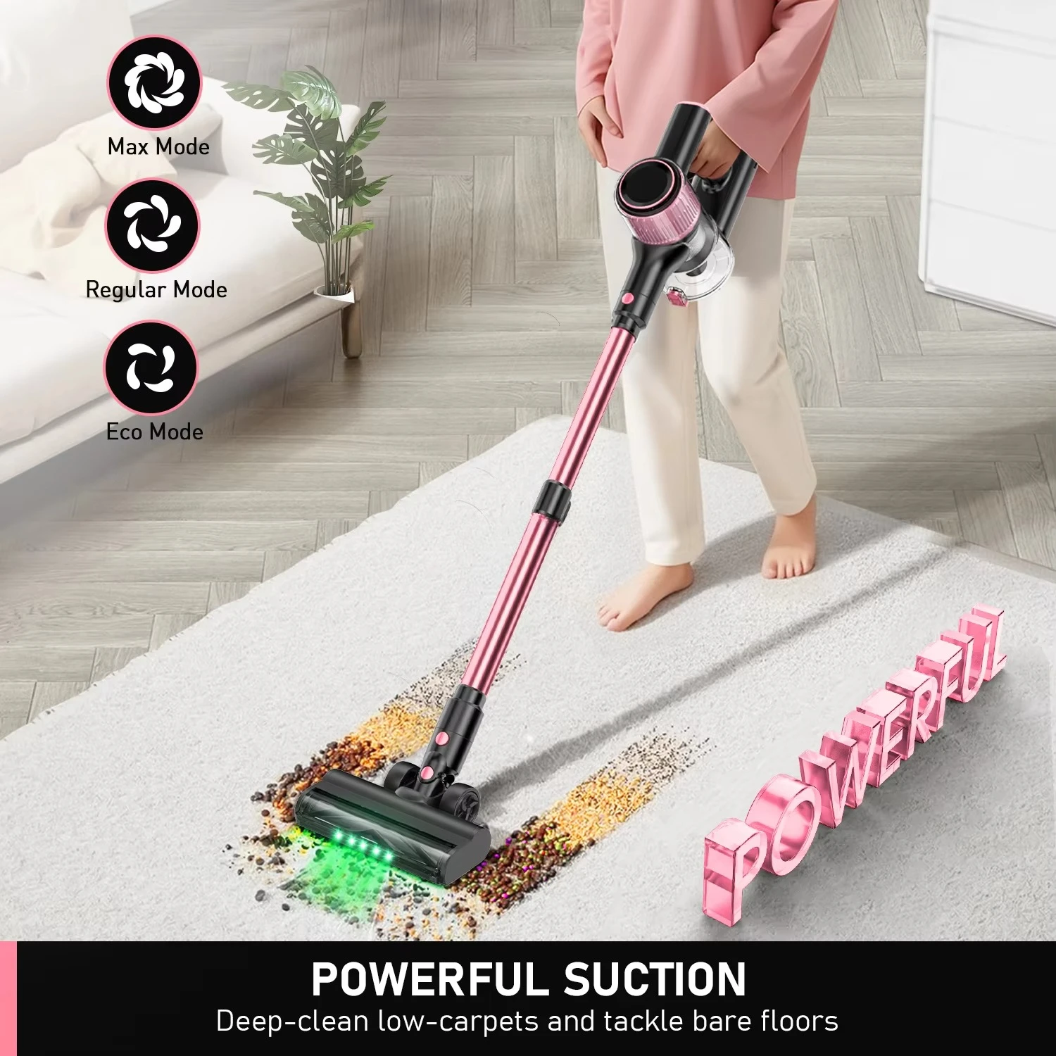 Pink Cordless Vacuum Cleaner, Anti-Tangle, LED Display, 3 Modes Suction, Green LED, Lightweight Stick Vacuum