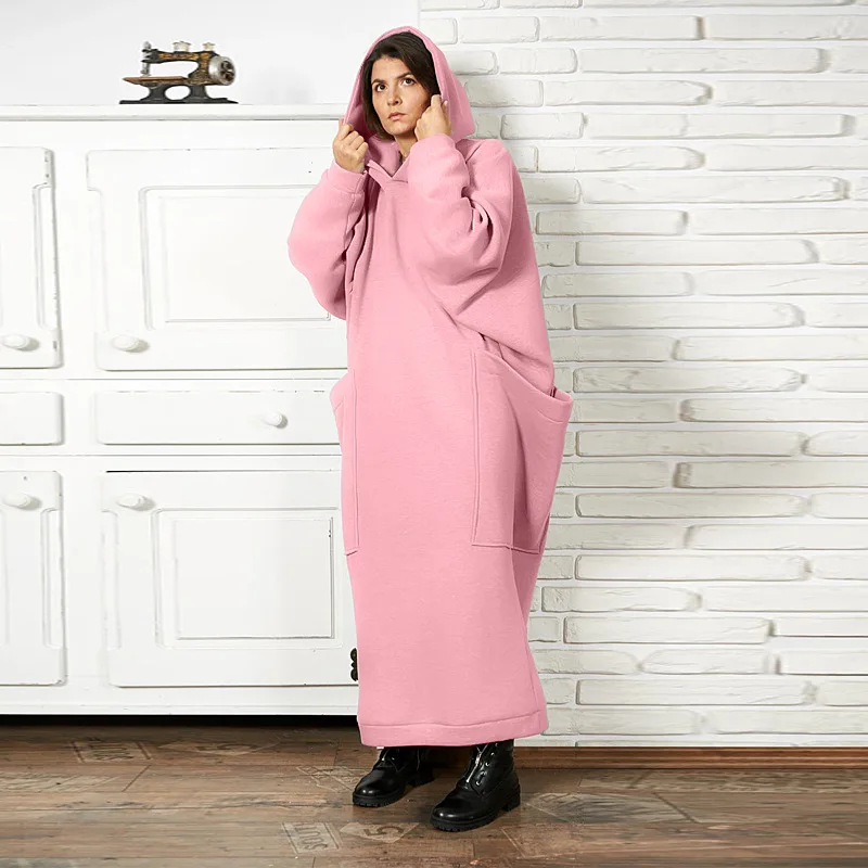 Large Pocket Plus Size Hoodies Long Dress 2023 Autumn Winter Solid Color Fleece Loose Casual Hooded Sweatshirt