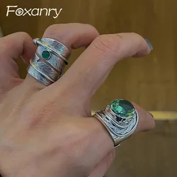 Foxanry Green Zircon Feather Geometric Ring For Women Couples Vintage Exaggerated Creative Fashion Party Jewelry Gifts Wholesale
